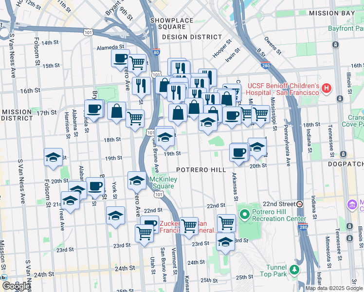 map of restaurants, bars, coffee shops, grocery stores, and more near 2106 19th Street in San Francisco