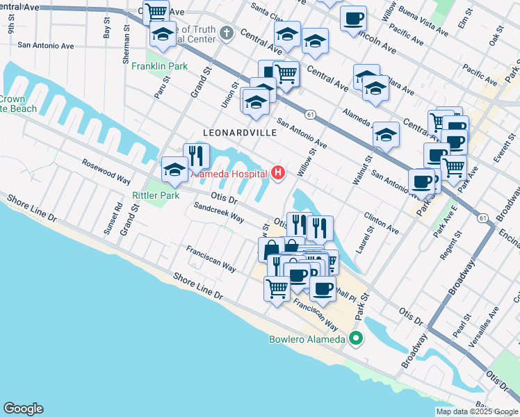map of restaurants, bars, coffee shops, grocery stores, and more near 2029 Otis Drive in Alameda