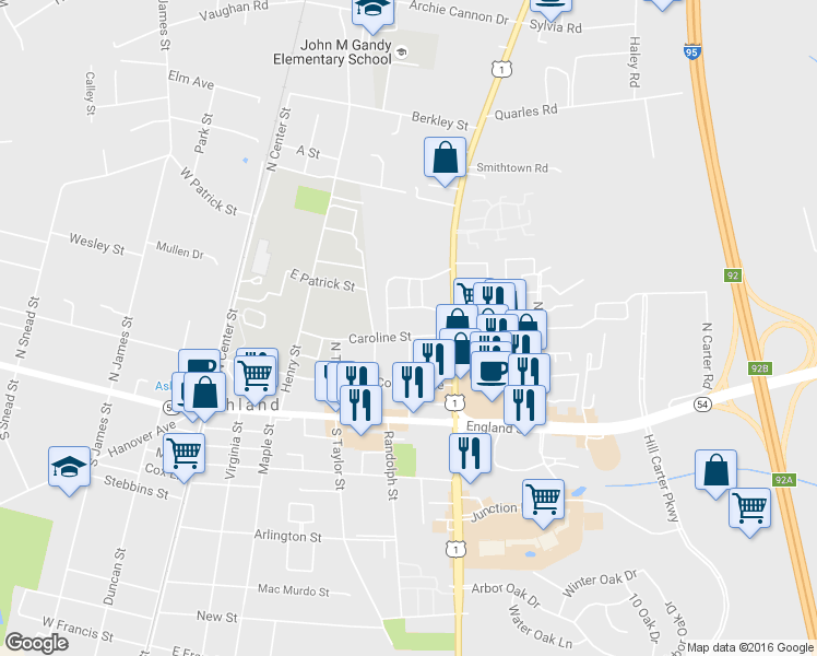 map of restaurants, bars, coffee shops, grocery stores, and more near 500 Caroline Street in Ashland