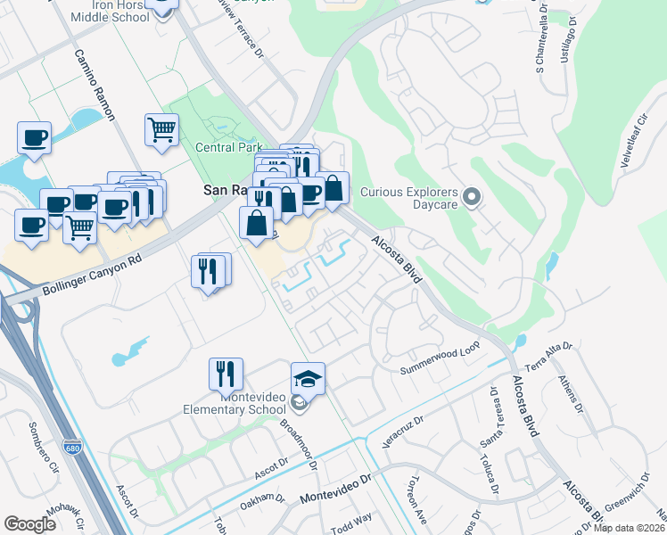 map of restaurants, bars, coffee shops, grocery stores, and more near 315 Reflections Circle in San Ramon