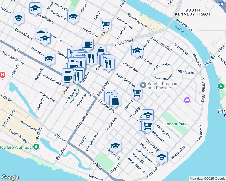 map of restaurants, bars, coffee shops, grocery stores, and more near 1359 Pearl Street in Alameda