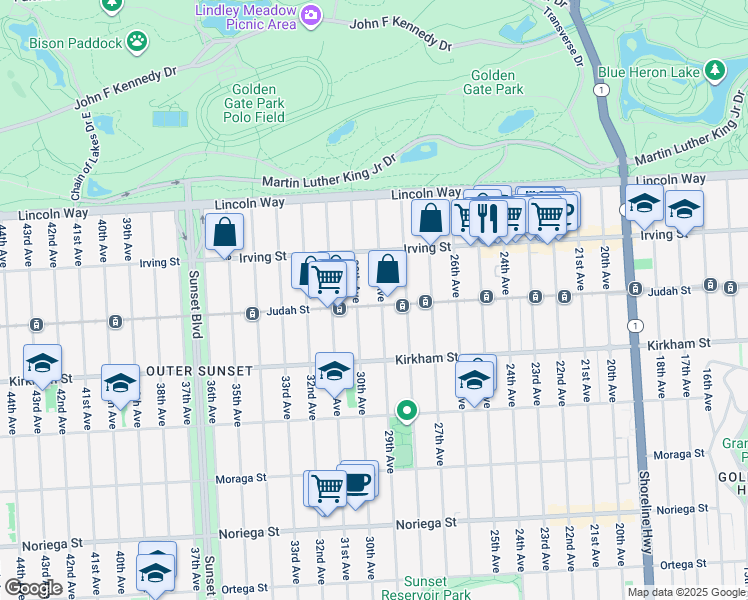map of restaurants, bars, coffee shops, grocery stores, and more near 2414 Judah Street in San Francisco