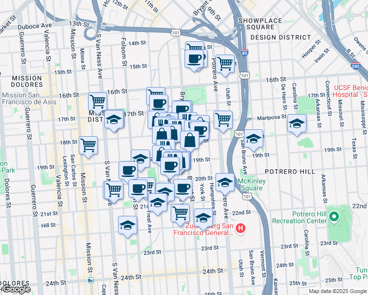 map of restaurants, bars, coffee shops, grocery stores, and more near 2070 Bryant Street in San Francisco