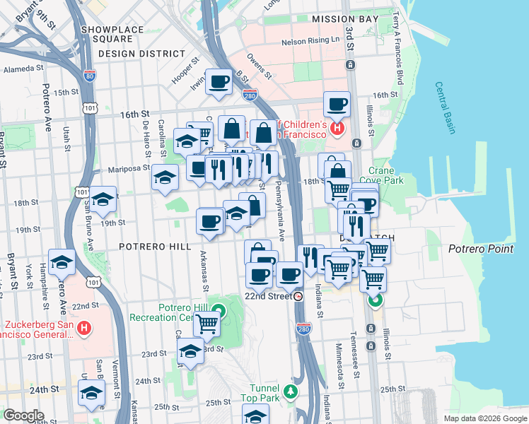 map of restaurants, bars, coffee shops, grocery stores, and more near 19th St & Mississippi St in San Francisco