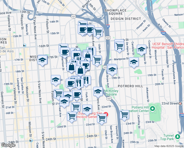 map of restaurants, bars, coffee shops, grocery stores, and more near 690 Potrero Avenue in San Francisco