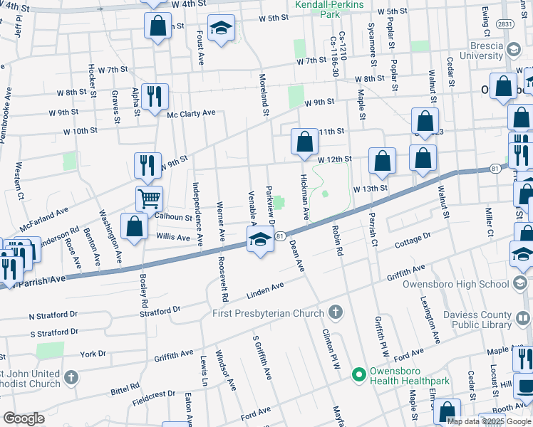 map of restaurants, bars, coffee shops, grocery stores, and more near 1420 Parkview Drive in Owensboro