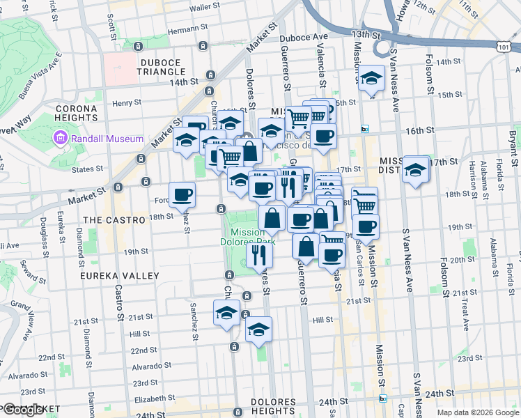 map of restaurants, bars, coffee shops, grocery stores, and more near Dolores St & 18th St in San Francisco