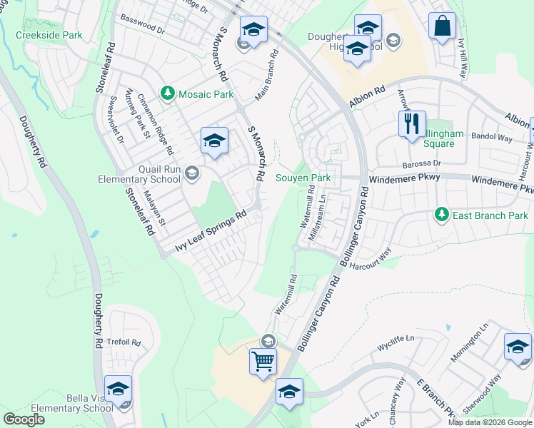 map of restaurants, bars, coffee shops, grocery stores, and more near 6152 Alpine Blue Drive in San Ramon