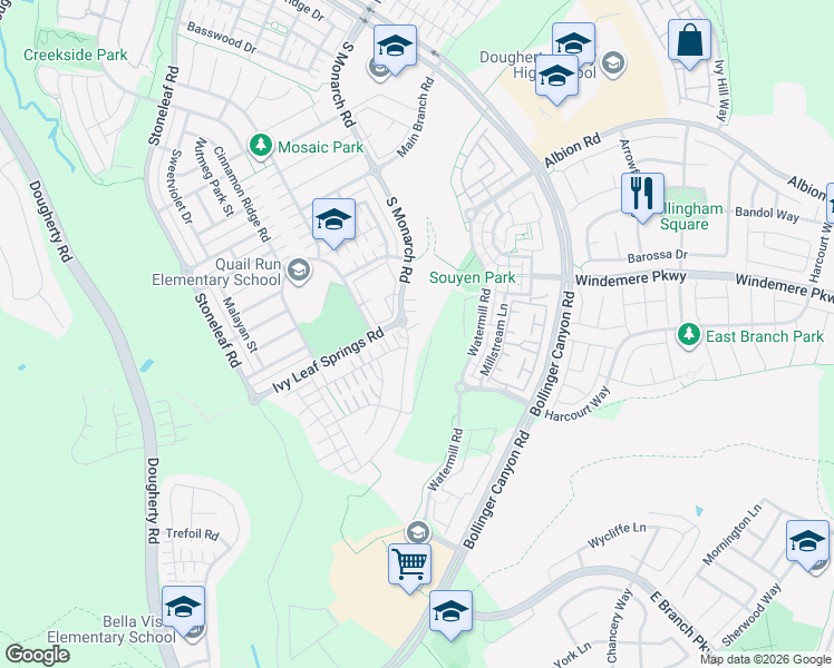 map of restaurants, bars, coffee shops, grocery stores, and more near 6152 Alpine Blue Drive in San Ramon