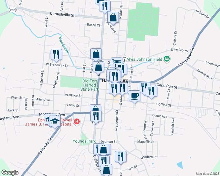 map of restaurants, bars, coffee shops, grocery stores, and more near 115 West Poplar Street in Harrodsburg