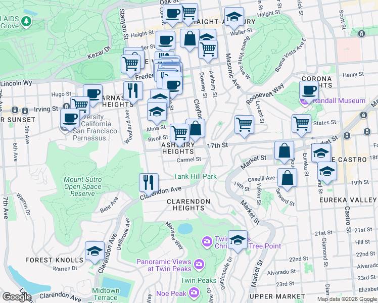 map of restaurants, bars, coffee shops, grocery stores, and more near 649 Belvedere Street in San Francisco