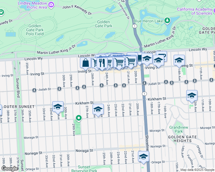 map of restaurants, bars, coffee shops, grocery stores, and more near Judah Street & 24th Avenue in San Francisco