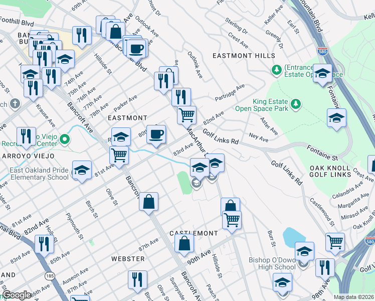 map of restaurants, bars, coffee shops, grocery stores, and more near 2526 84th Avenue in Oakland