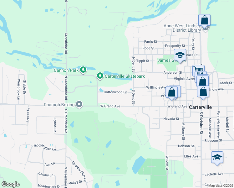 map of restaurants, bars, coffee shops, grocery stores, and more near 811 Cottonwood Lane in Carterville
