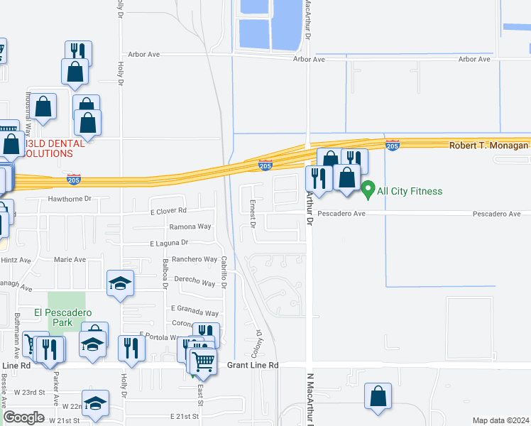 map of restaurants, bars, coffee shops, grocery stores, and more near Pescadero Avenue in Tracy