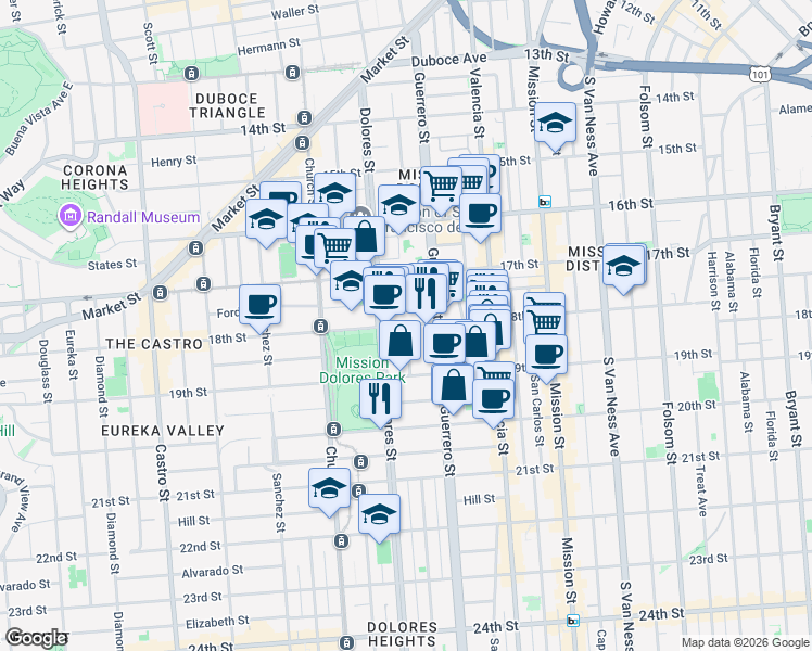 map of restaurants, bars, coffee shops, grocery stores, and more near 18th Street & Oakwood Street in San Francisco
