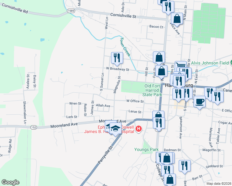 map of restaurants, bars, coffee shops, grocery stores, and more near 477 West Office Street in Harrodsburg