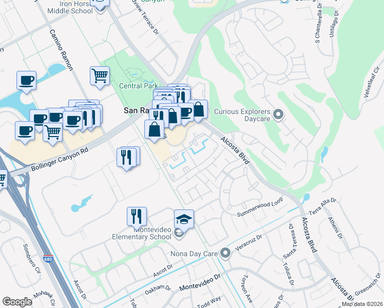 map of restaurants, bars, coffee shops, grocery stores, and more near 315 Reflections Circle in San Ramon