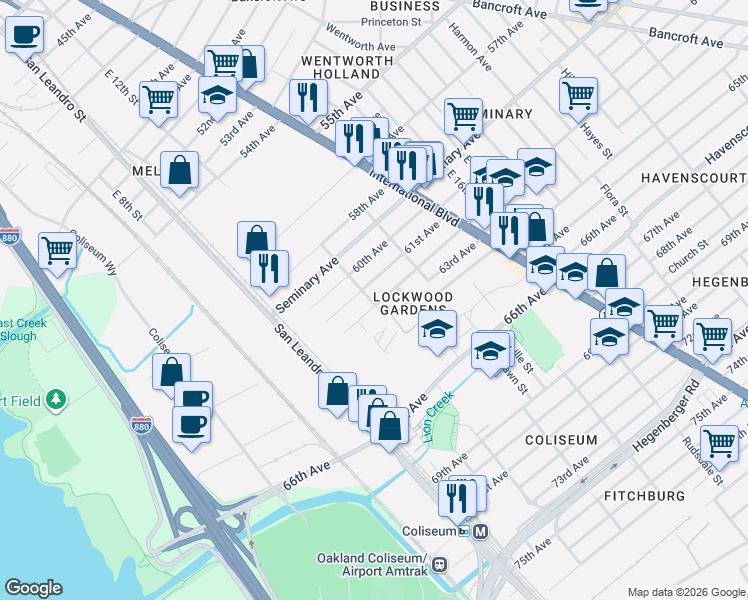 map of restaurants, bars, coffee shops, grocery stores, and more near 6228 Tevis Street in Oakland