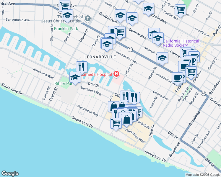 map of restaurants, bars, coffee shops, grocery stores, and more near 2041 Otis Drive in Alameda
