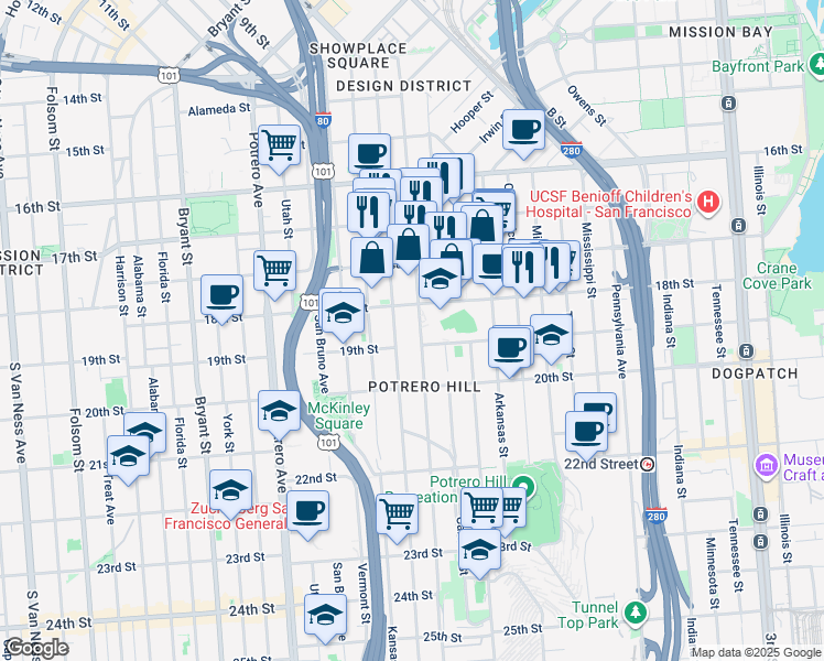map of restaurants, bars, coffee shops, grocery stores, and more near 1919 19th Street in San Francisco