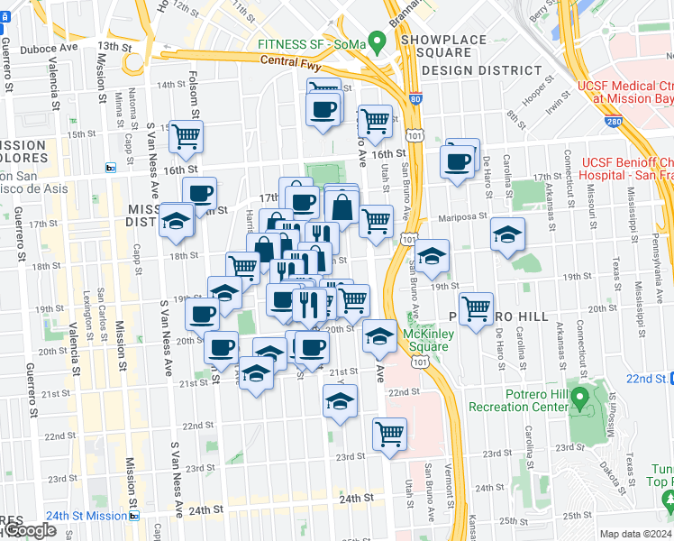 map of restaurants, bars, coffee shops, grocery stores, and more near 627A York Street in San Francisco