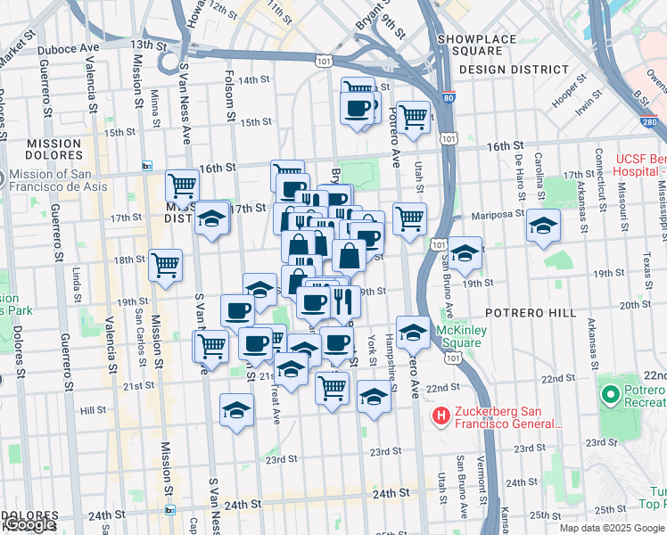 map of restaurants, bars, coffee shops, grocery stores, and more near 2070 Bryant Street in San Francisco