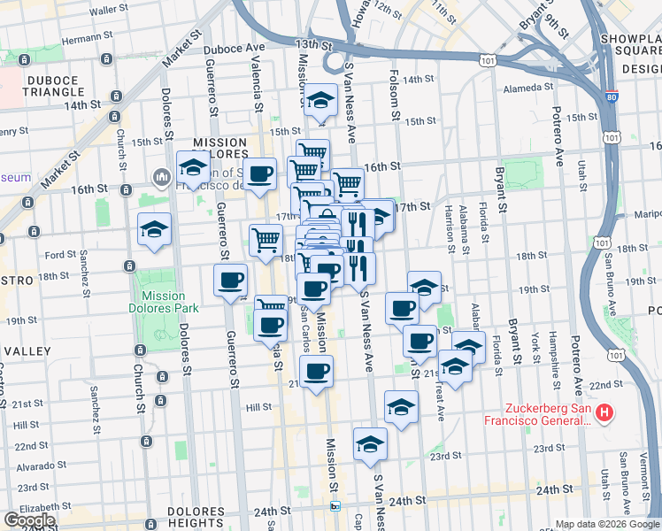 map of restaurants, bars, coffee shops, grocery stores, and more near 772 South Van Ness Avenue in San Francisco