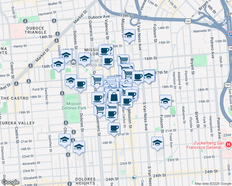 map of restaurants, bars, coffee shops, grocery stores, and more near in San Francisco