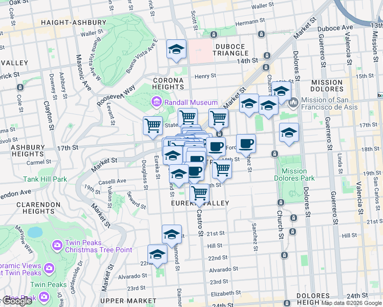map of restaurants, bars, coffee shops, grocery stores, and more near 4149 18th Street in San Francisco