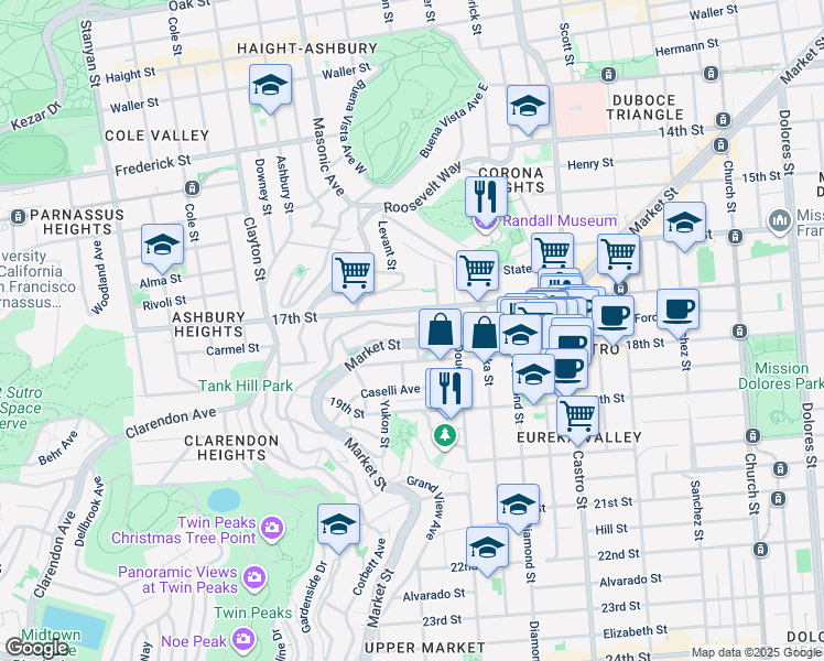 map of restaurants, bars, coffee shops, grocery stores, and more near 59 Hattie Street in San Francisco