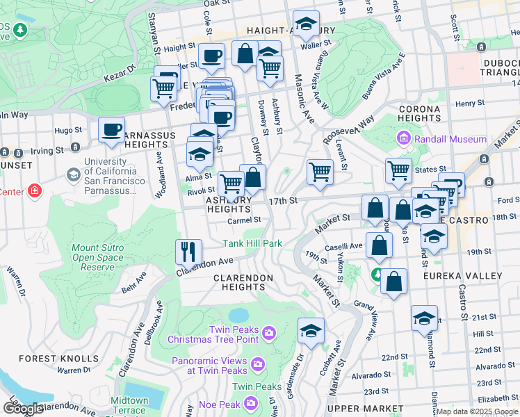 map of restaurants, bars, coffee shops, grocery stores, and more near 1250 Clayton Street in San Francisco