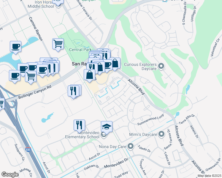 map of restaurants, bars, coffee shops, grocery stores, and more near 285 Reflections Drive in San Ramon