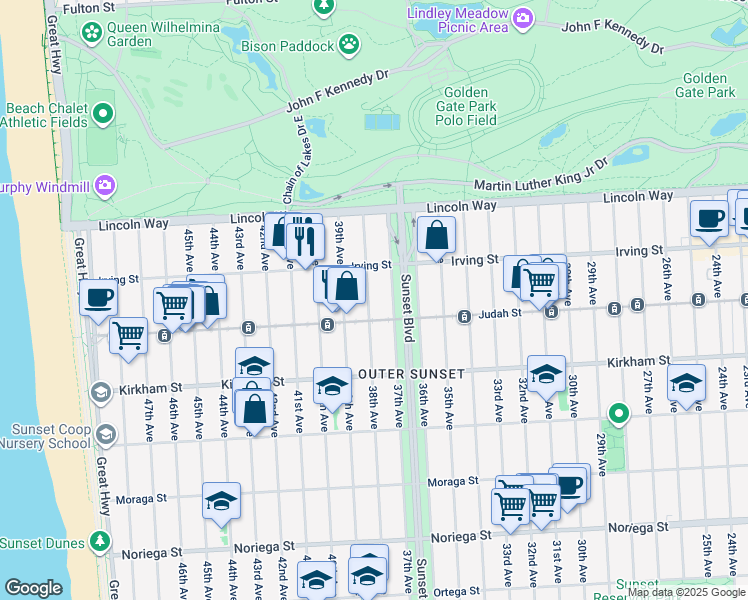 map of restaurants, bars, coffee shops, grocery stores, and more near 1362 38th Avenue in San Francisco