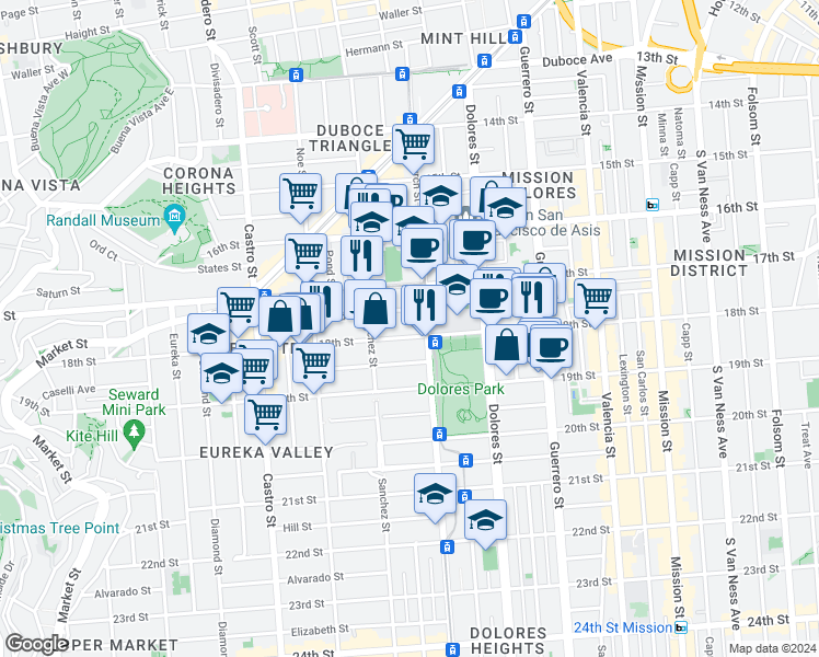 map of restaurants, bars, coffee shops, grocery stores, and more near 3826 18th Street in San Francisco
