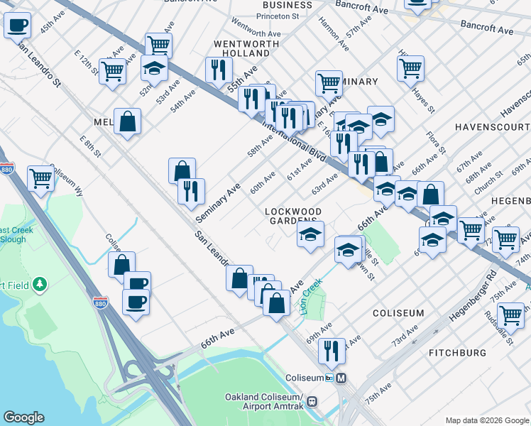 map of restaurants, bars, coffee shops, grocery stores, and more near 6228 Tevis Street in Oakland