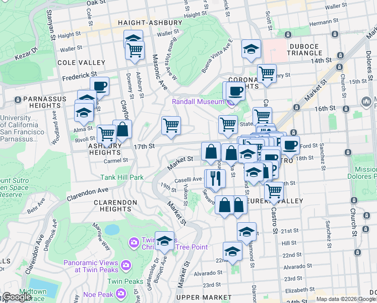 map of restaurants, bars, coffee shops, grocery stores, and more near 3041 Market Street in San Francisco