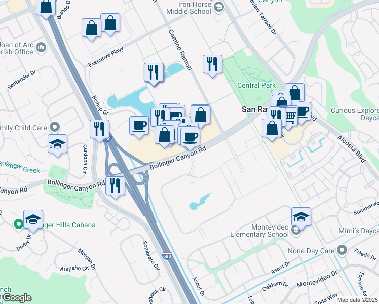 map of restaurants, bars, coffee shops, grocery stores, and more near 6001 Bollinger Canyon Rd in San Ramon