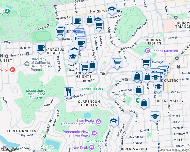 map of restaurants, bars, coffee shops, grocery stores, and more near 1250 Clayton Street in San Francisco