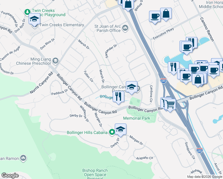 map of restaurants, bars, coffee shops, grocery stores, and more near 165 Rosario Court in San Ramon