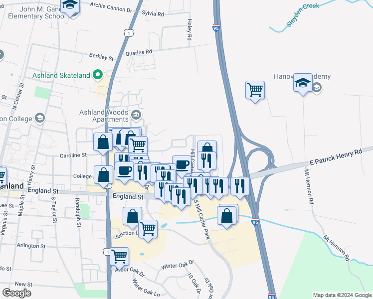 map of restaurants, bars, coffee shops, grocery stores, and more near 891 Sweet Tessa Drive in Ashland