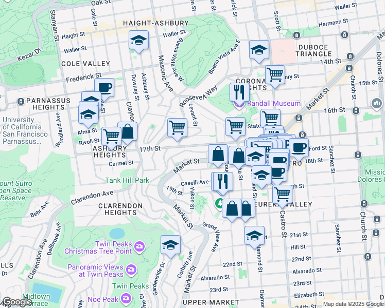 map of restaurants, bars, coffee shops, grocery stores, and more near 179 Corbett Avenue in San Francisco