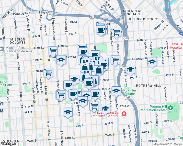 map of restaurants, bars, coffee shops, grocery stores, and more near 2949 18th Street in San Francisco