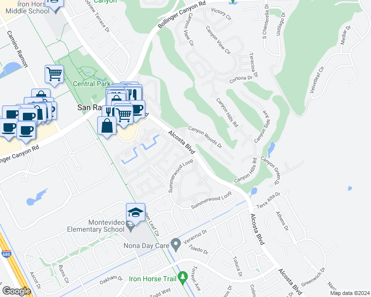 map of restaurants, bars, coffee shops, grocery stores, and more near 926 Springview Circle in San Ramon