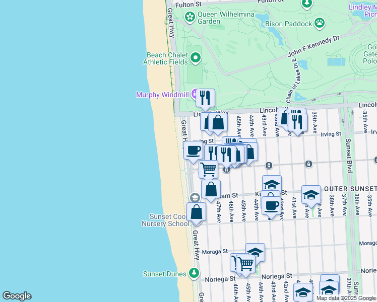map of restaurants, bars, coffee shops, grocery stores, and more near 1351 La Playa Street in San Francisco