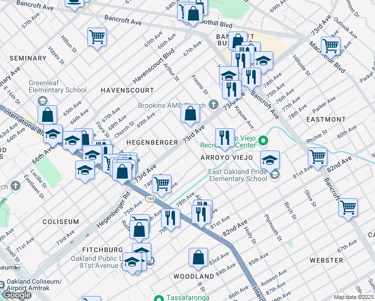 map of restaurants, bars, coffee shops, grocery stores, and more near 7345 Holly Street in Oakland
