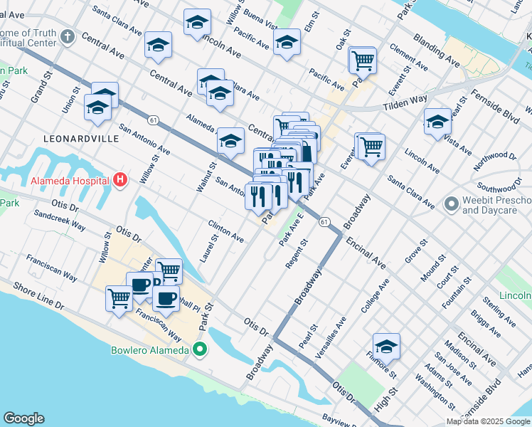 map of restaurants, bars, coffee shops, grocery stores, and more near 2309 San Jose Avenue in Alameda