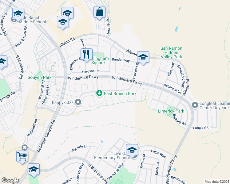 map of restaurants, bars, coffee shops, grocery stores, and more near 729 Roverton Court in San Ramon