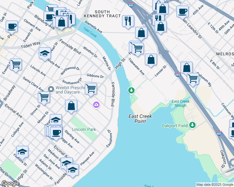 map of restaurants, bars, coffee shops, grocery stores, and more near 3305 Fernside Boulevard in Alameda