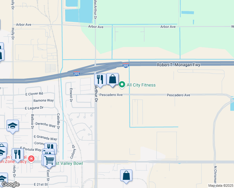 map of restaurants, bars, coffee shops, grocery stores, and more near Pescadero Avenue in Tracy